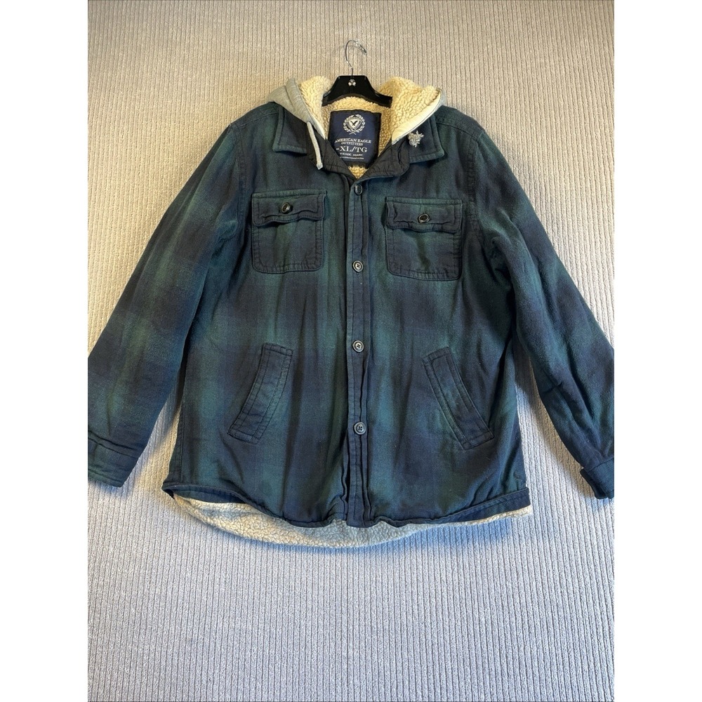 American Eagle Flannel Jacket Men's XL Sherpa Lined Shacket Hooded Blue & Green